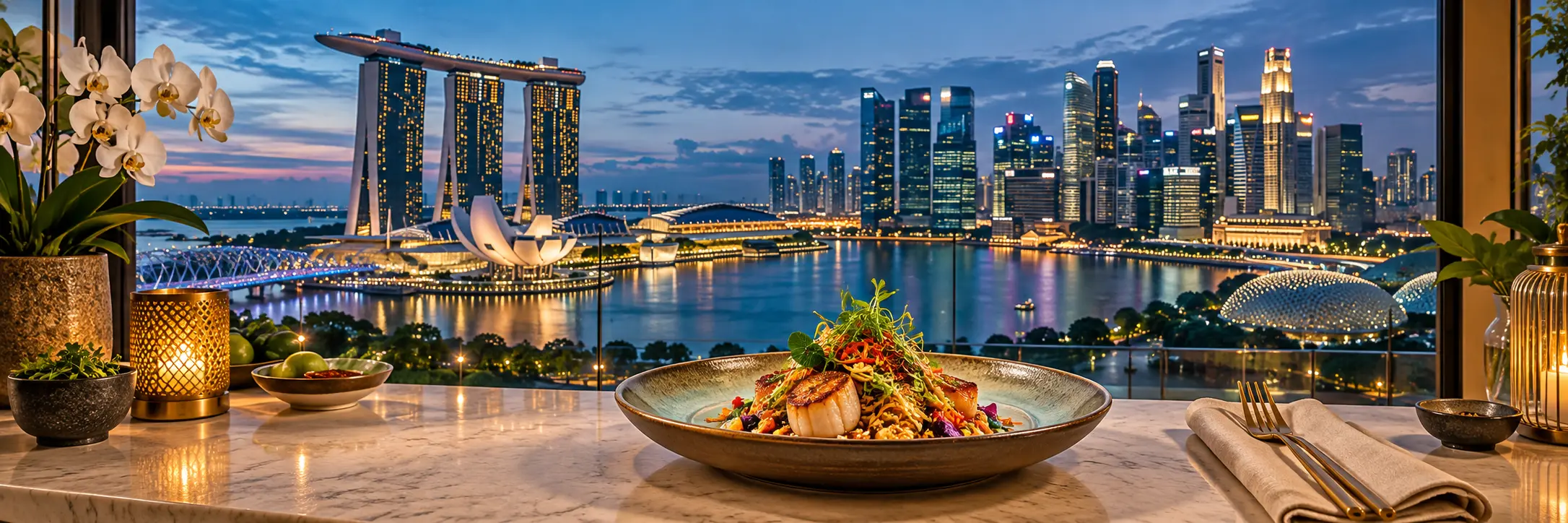 A contemporary Singapore skyline and an elegant fusion dish