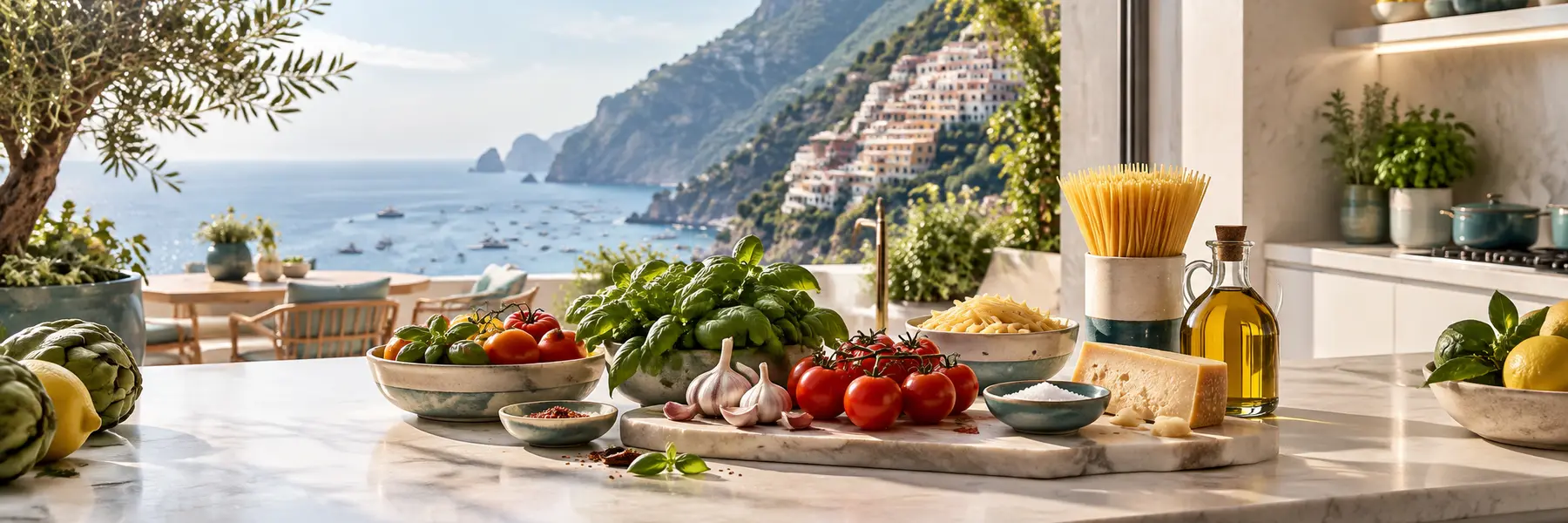 Fresh ingredients in a modern Italian coastal kitchen