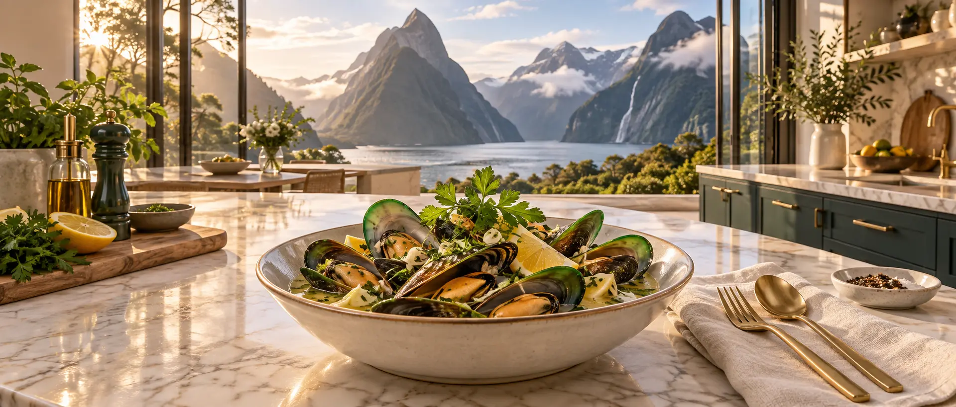 New Zealand green-lipped mussels in an elegant kitchen overlooking Milford Sound
