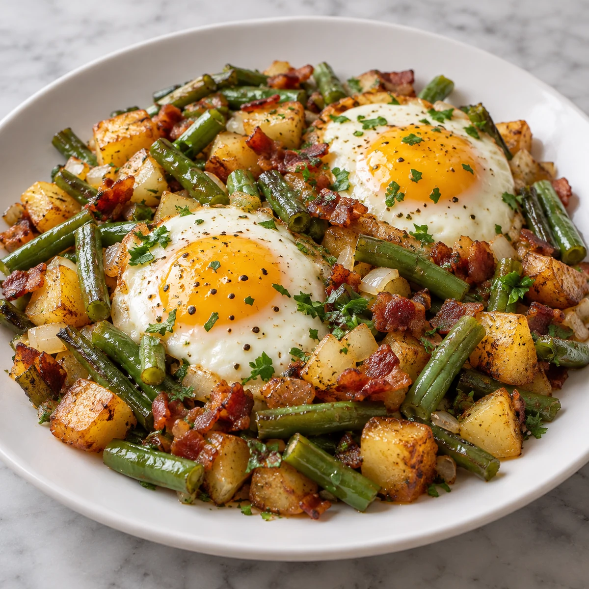Finished Green Bean & Potato Breakfast Hash with Fried Eggs (2 servings)