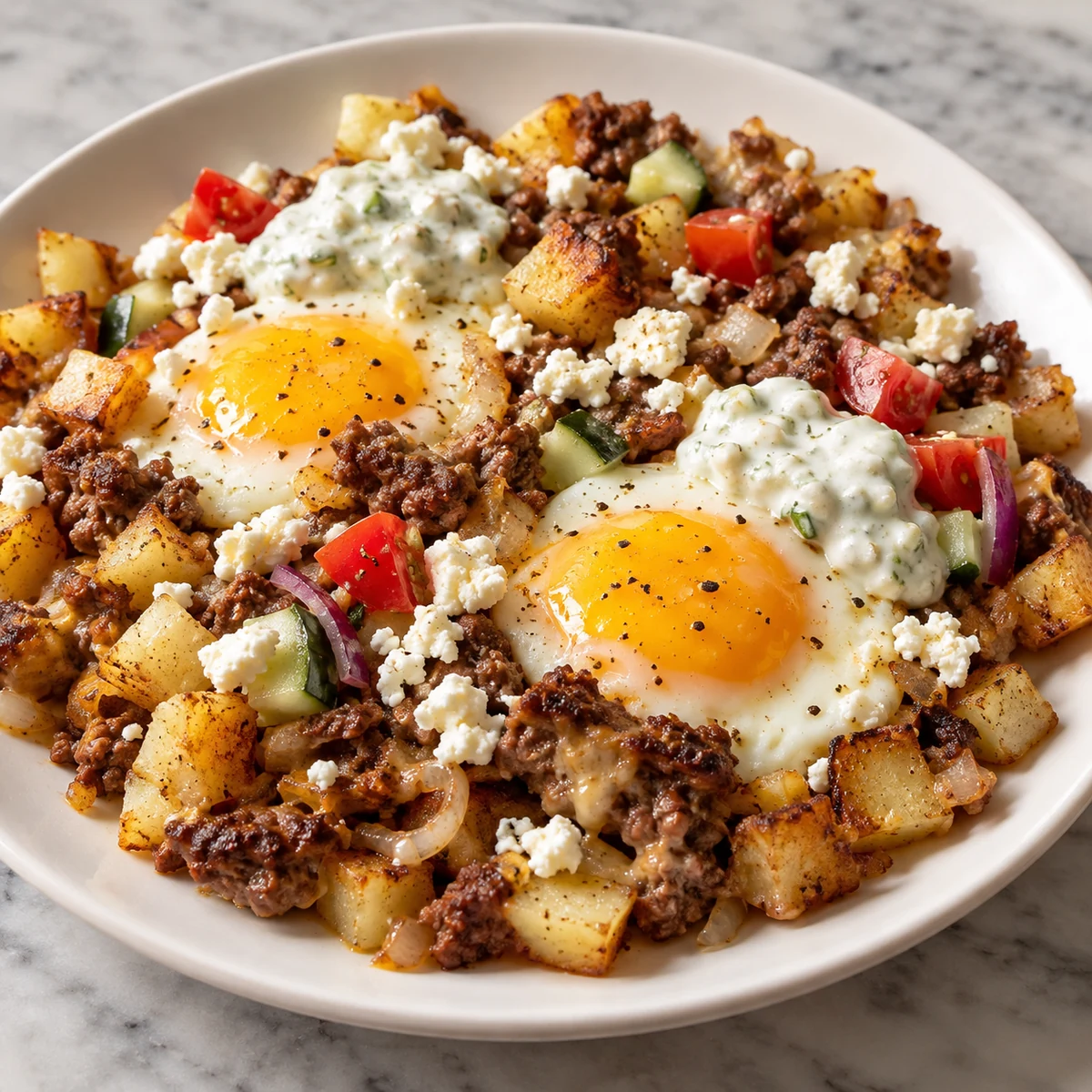 Finished Breakfast Burger Hash with Runny Eggs and Feta