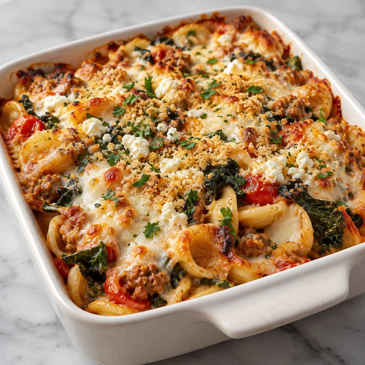 Finished Sausage & Kale Orecchiette Bake (pasta casserole)