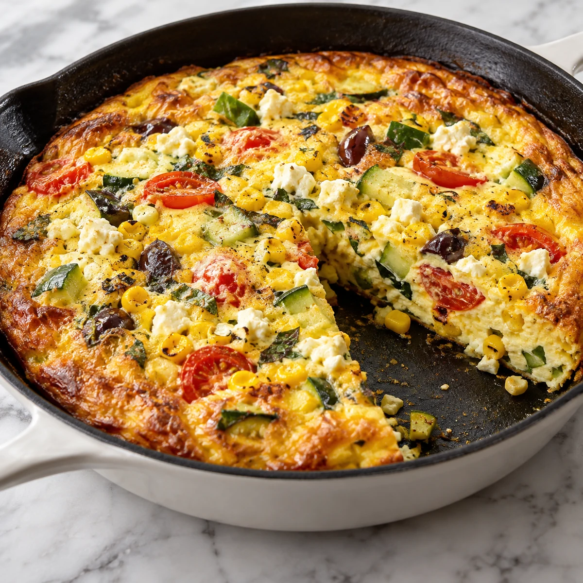 Finished Mediterranean Breakfast Frittata (Corn, Tomato, Cuke & Feta)