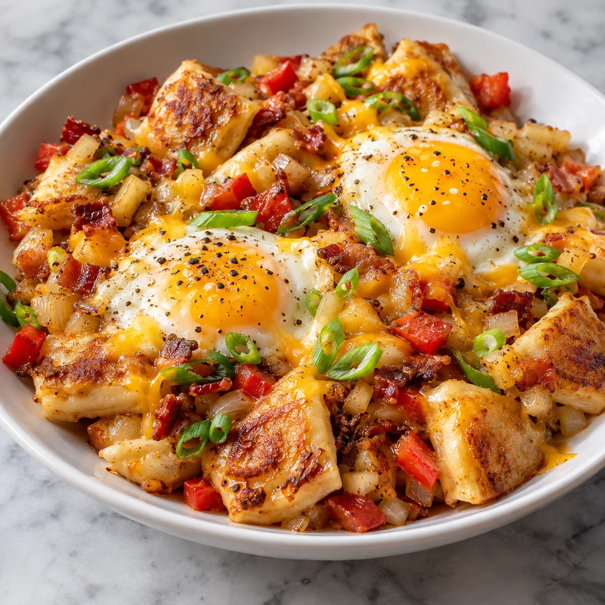 Finished Skillet Breakfast Hash with Pierogies and Eggs