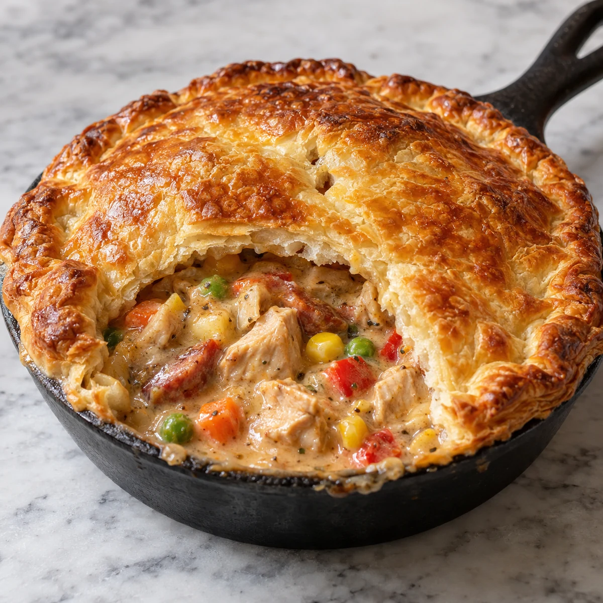 Finished Cajun Turkey & Andouille Pot Pie (Individual Skillet Pot Pies)