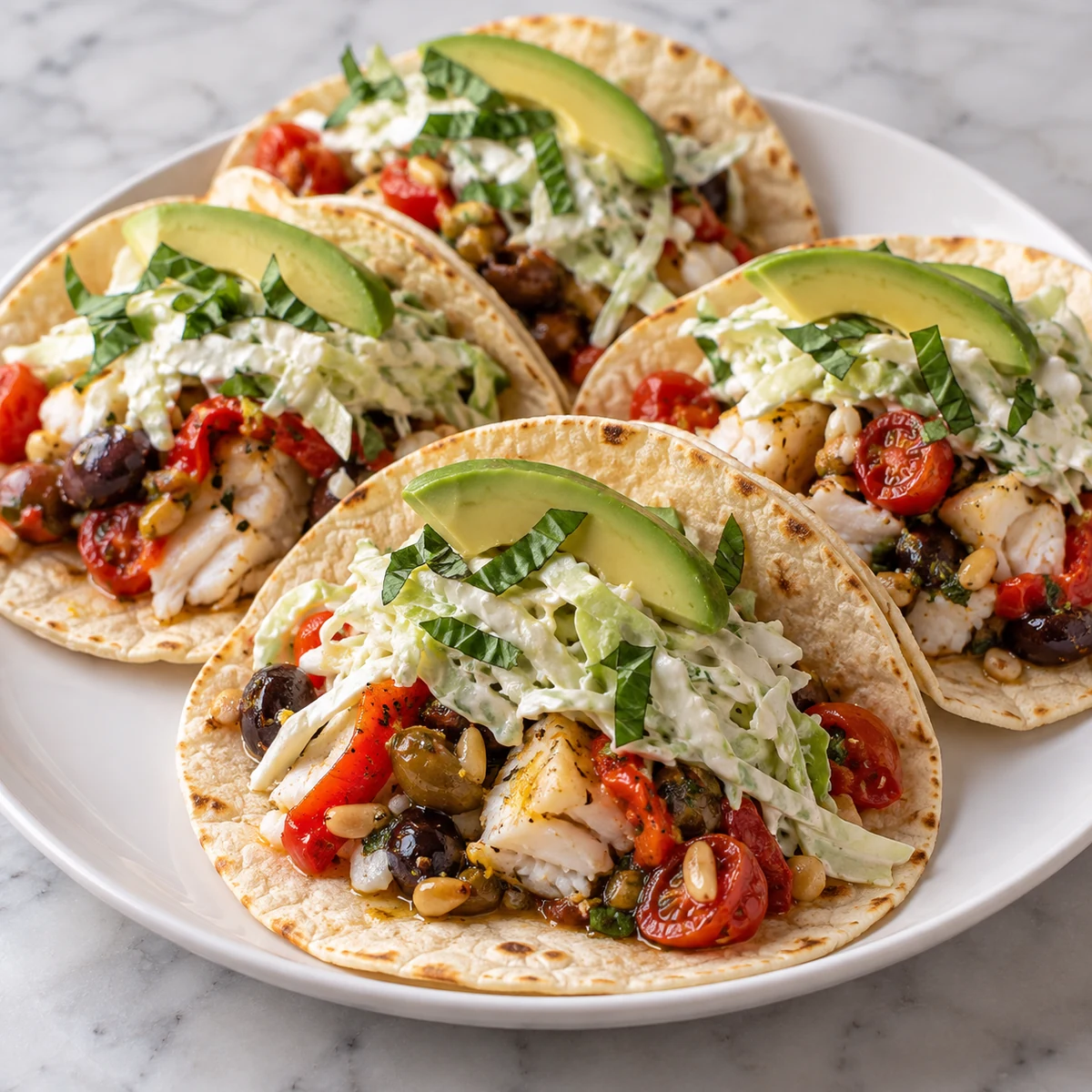 Finished Mediterranean Halibut Tacos with Quick Cabbage Slaw (2 servings, 4 small tacos)