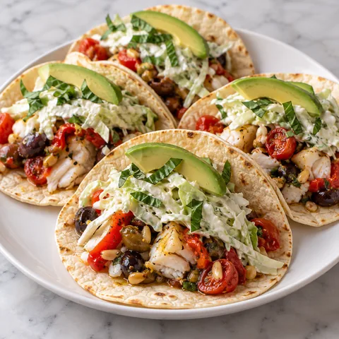 Mediterranean Halibut Tacos with Quick Cabbage Slaw (2 servings, 4 small tacos)