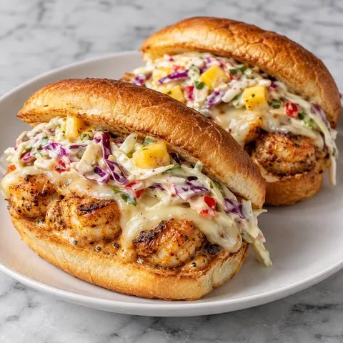 Jerk Shrimp Melt Sandwiches (Toasted Rolls with Spicy Aioli and Mango Slaw)