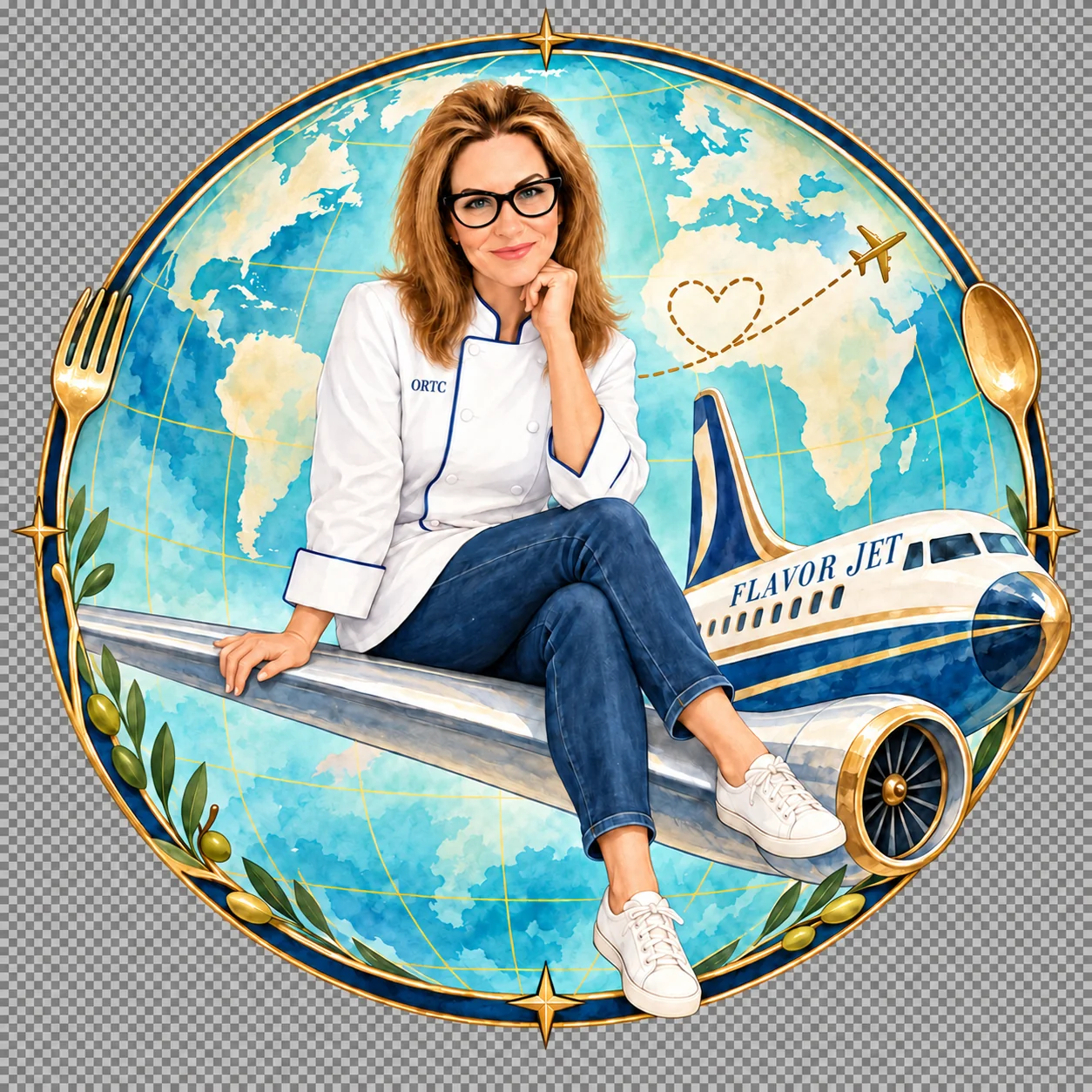 Chef Mary sitting on the wing of her Flavor Jet inside a globe
