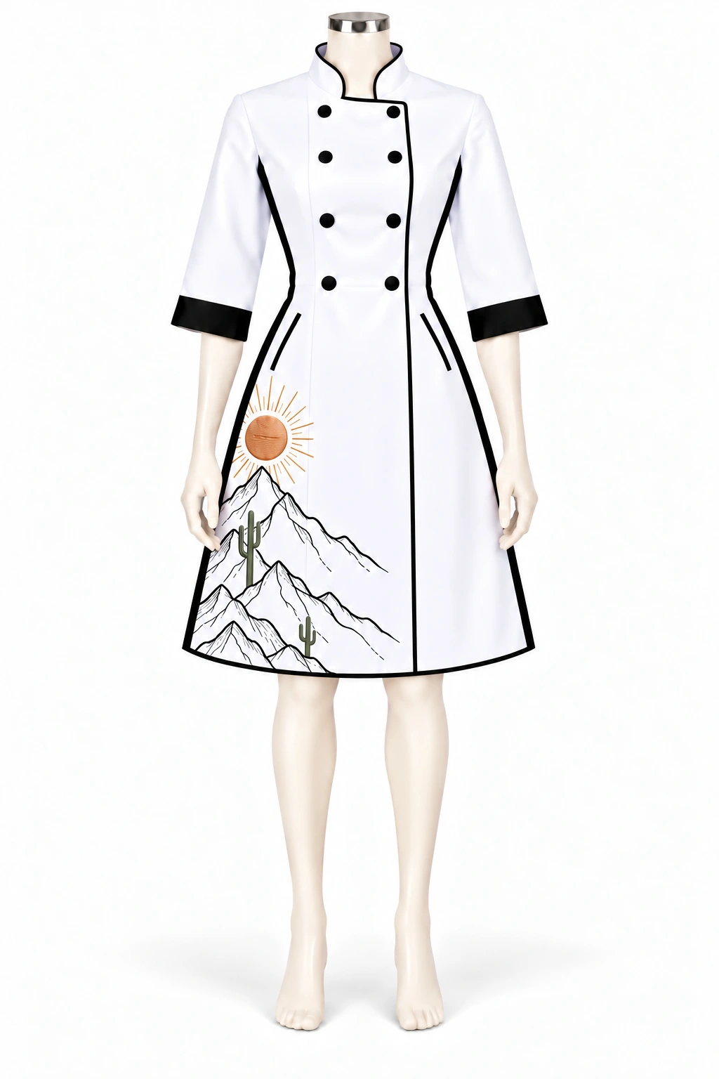 White double-breasted chef dress with black trim, sun and mountain embroidery and two skinny green saguaro cacti