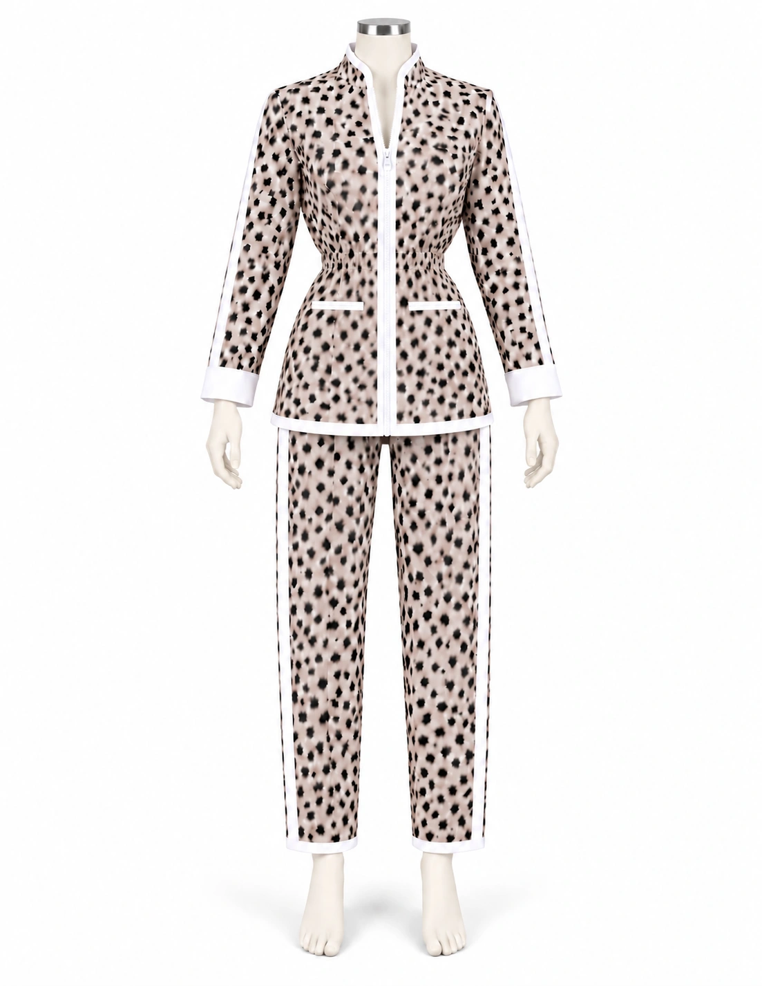 Light-tan spotted chef jacket with white zipper, white trim and matching straight-leg chef pants