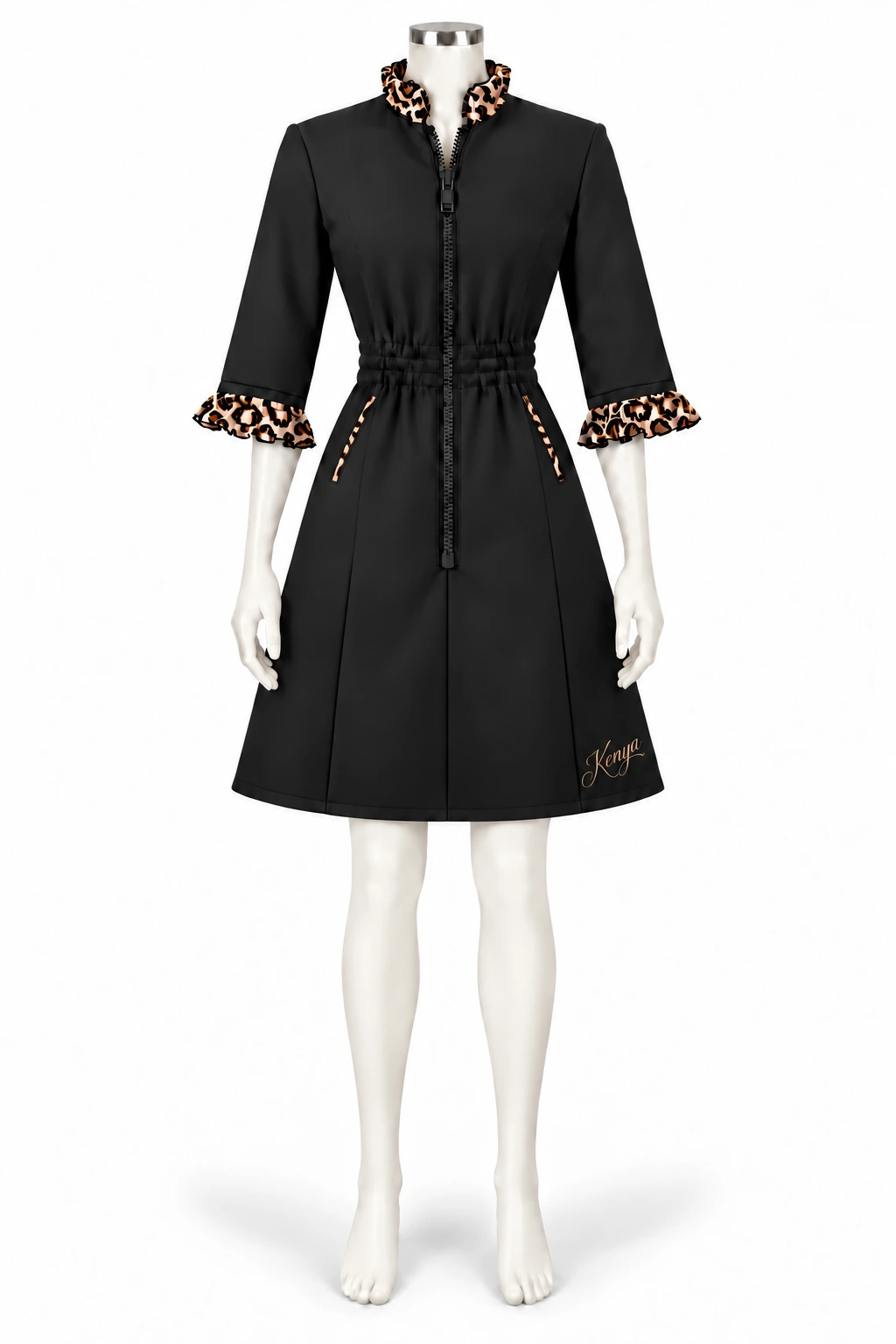 Black chef dress with leopard-print collar and sleeve ruffles, elastic waist and front zipper