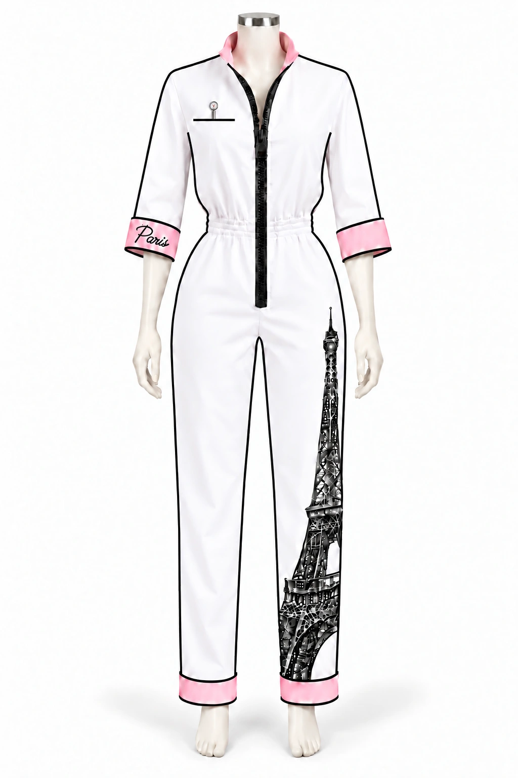 White chef jumpsuit with pink collar and cuffs, black zipper and Eiffel Tower outline