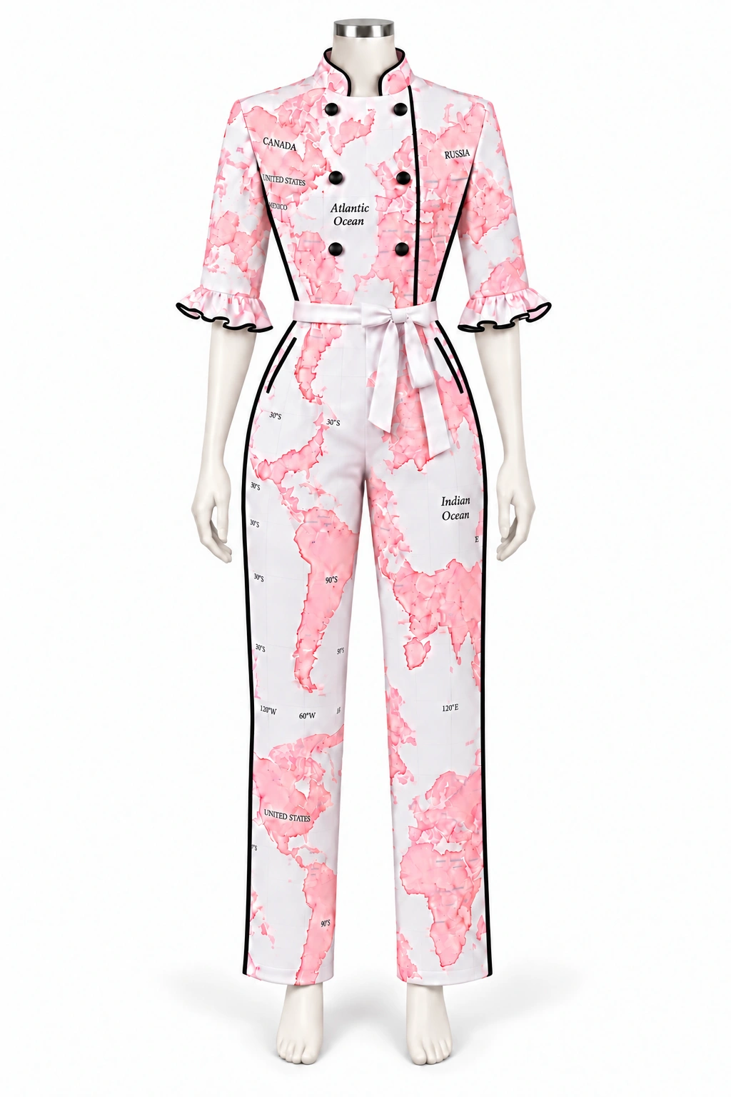 Pink and white map-print chef wear jumpsuit with black buttons and ruffled sleeves