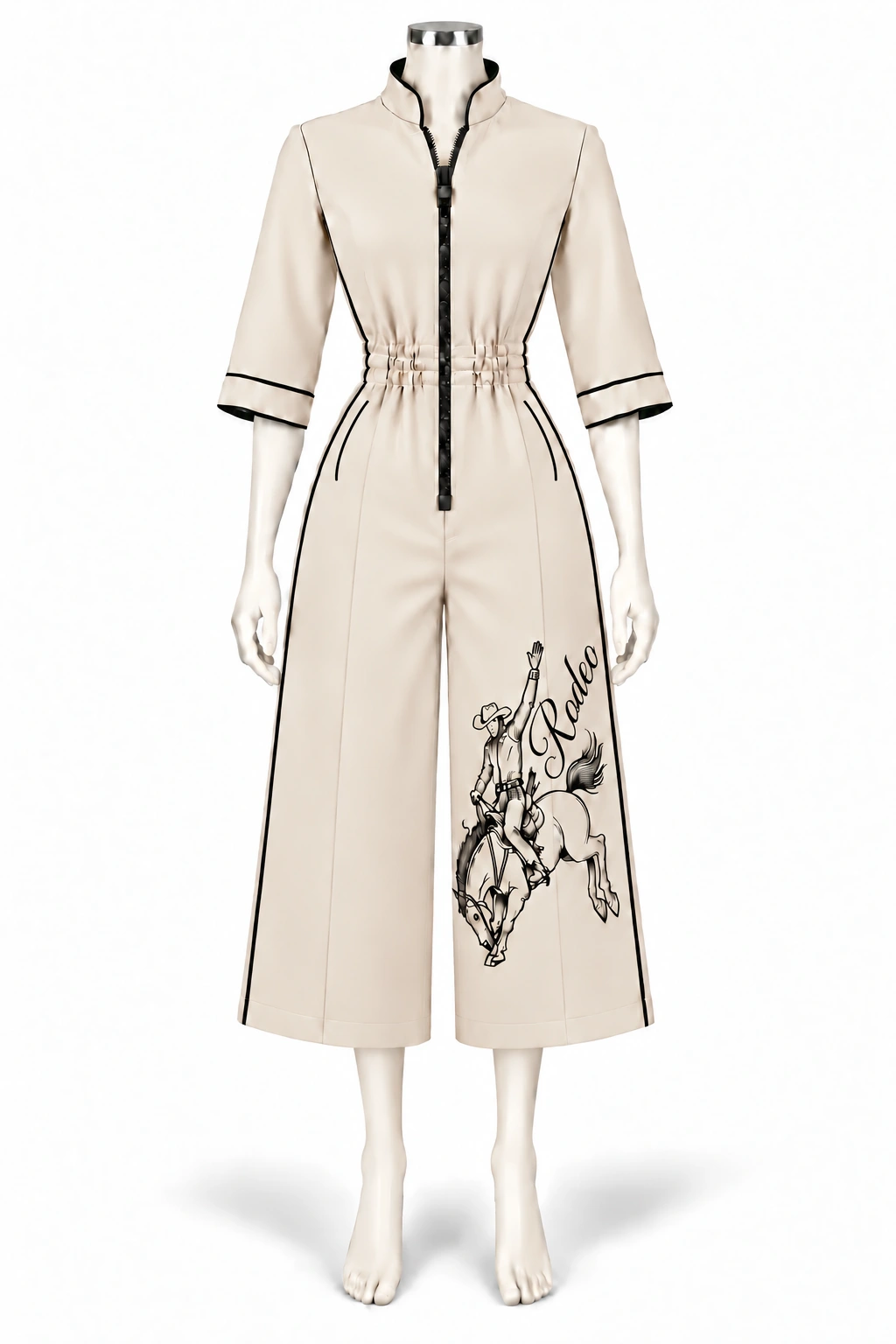 Tan culotte chef wear jumpsuit with black trim, curved hip pockets, front zipper and cowboy outline