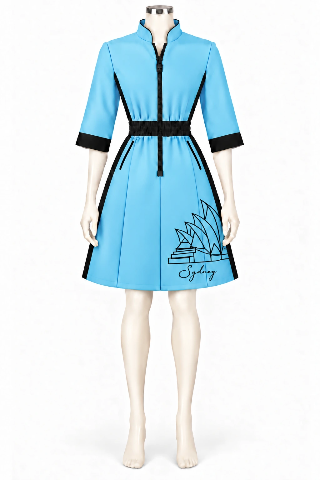 Sky-blue chef dress with black elastic waistband, black cuffs, black trim and an outlined Opera House