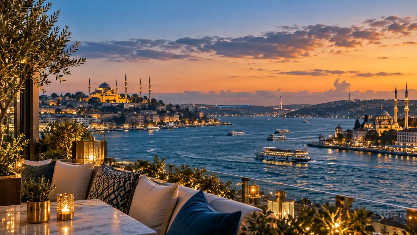 Twilight view across the Bosphorus in Istanbul