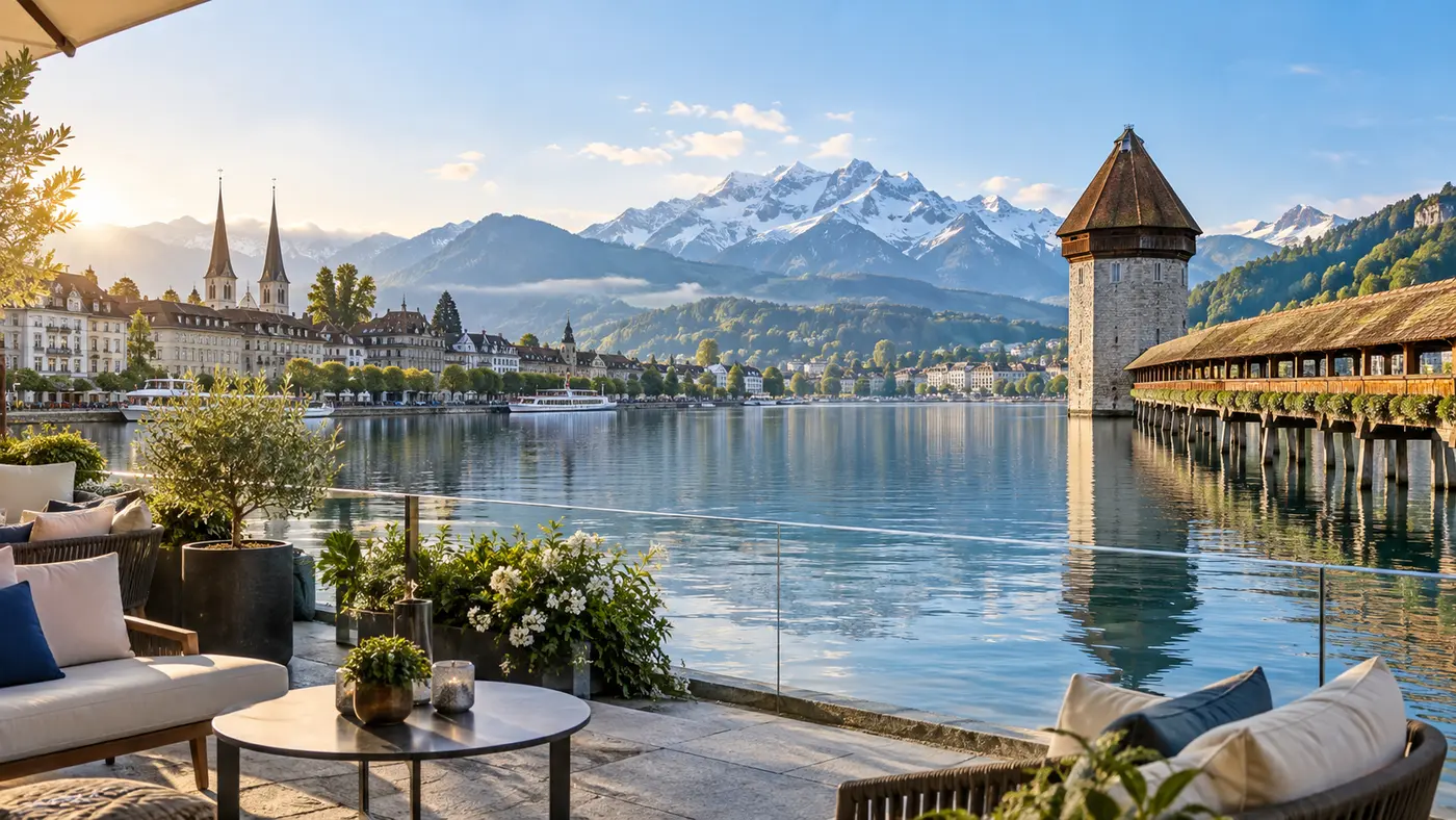 Panoramic view of Lake Lucerne and the Swiss Alps
