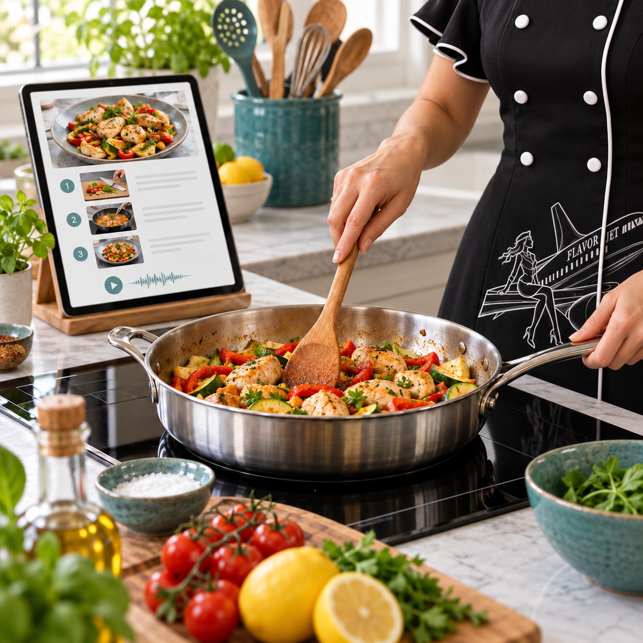 A cook in Mary’s black short-sleeved airplane chef dress follows tablet cooking guidance.
