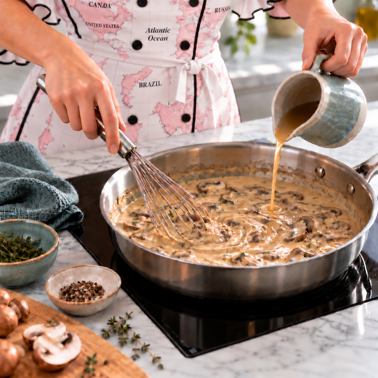 A cook in Mary’s pink-and-white world-map chef dress with black lettering whisking broth into a mushroom cream sauce.