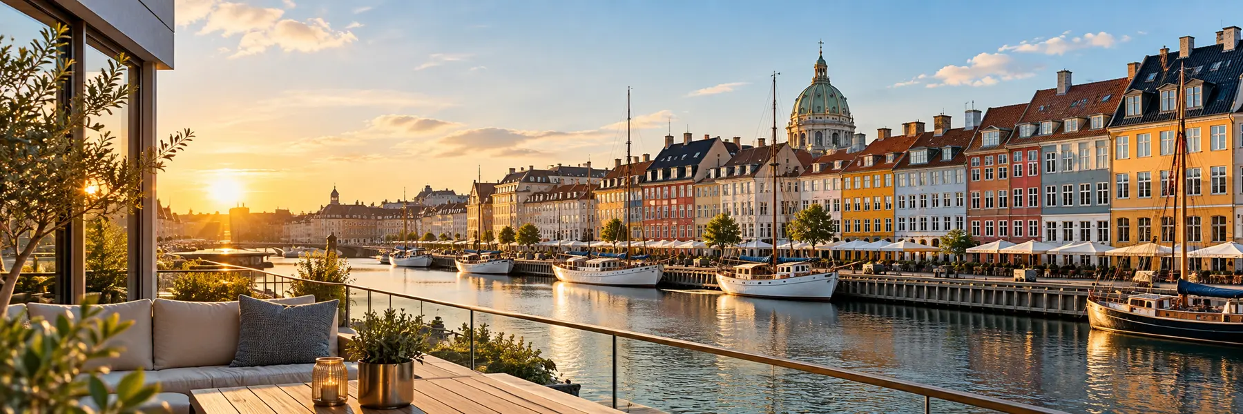 Modern panoramic view of colorful Copenhagen waterfront buildings