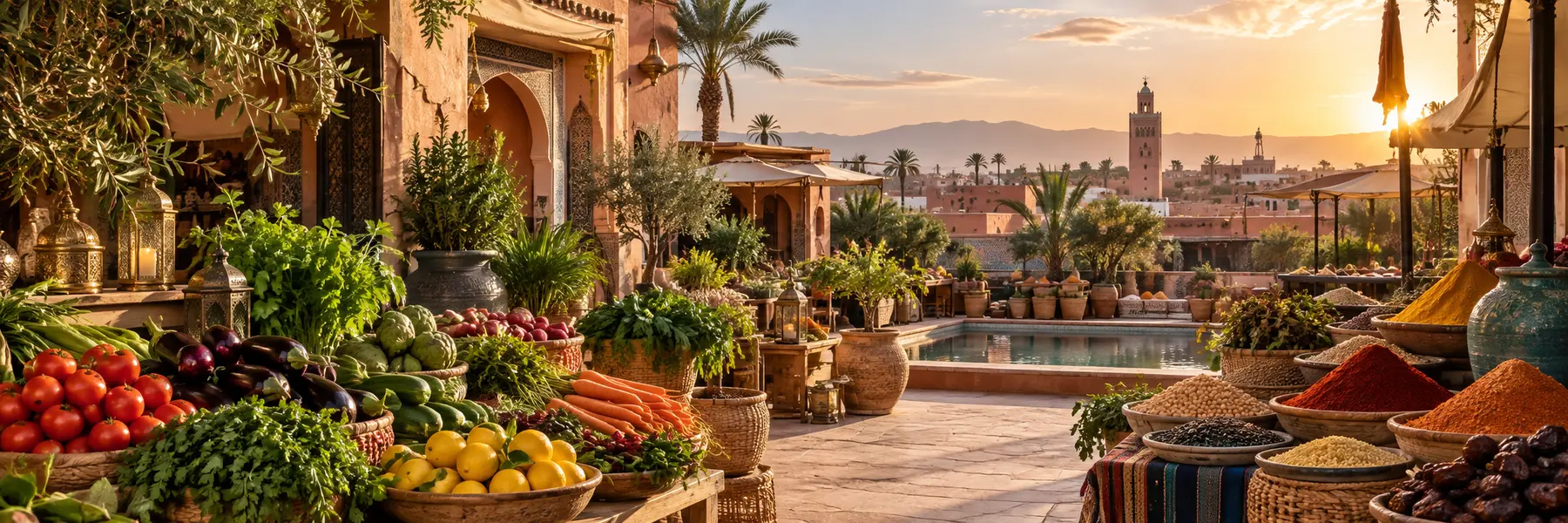 Modern Marrakesh market courtyard filled with colorful fresh ingredients