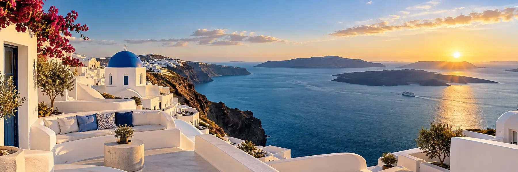 Modern panoramic view of Santorini above the Aegean Sea
