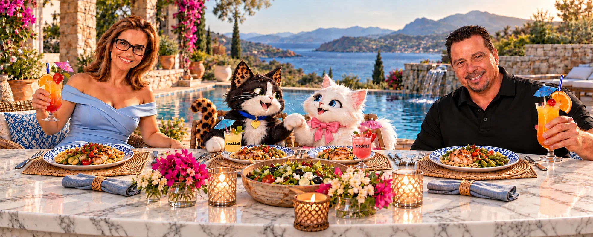Mary and Guy share a poolside dinner with Bunny and his white cat girlfriend at a white and gray marble table. Both cats have mocktail labels on their glasses.