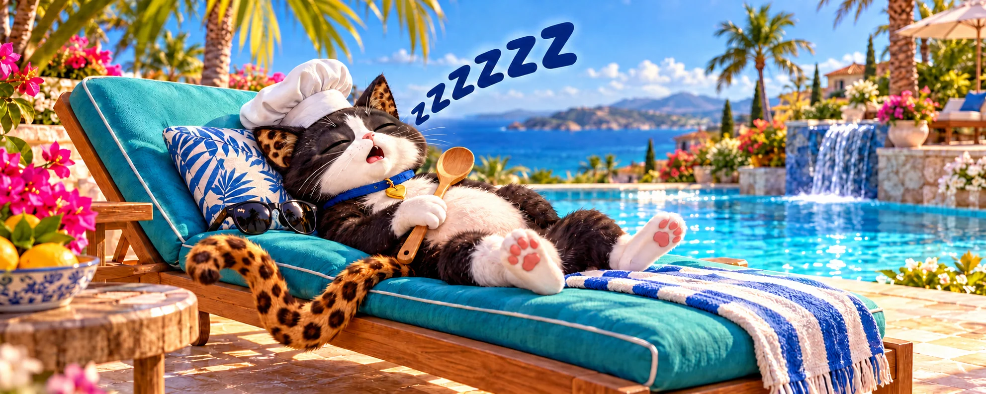Bunny the tuxedo cat naps beside the pool, with leopard-spotted ears and tail, a chef’s hat, wooden spoon and ZZZs.
