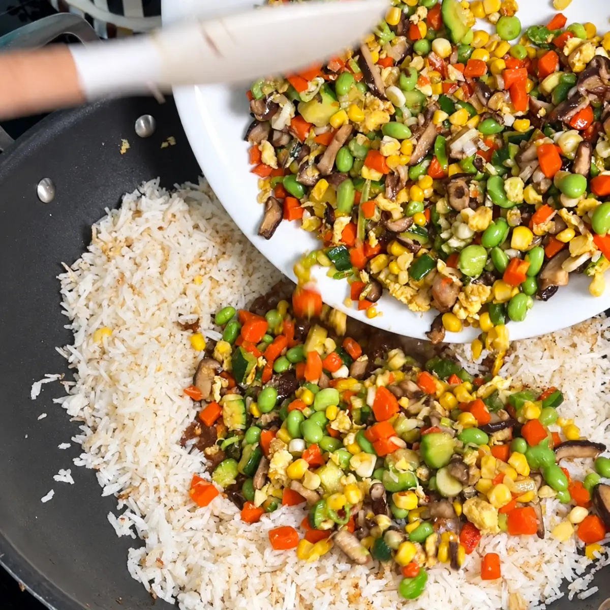Preparation step for Japanese Miso Fried Rice with Shiitakes and Vegetables.