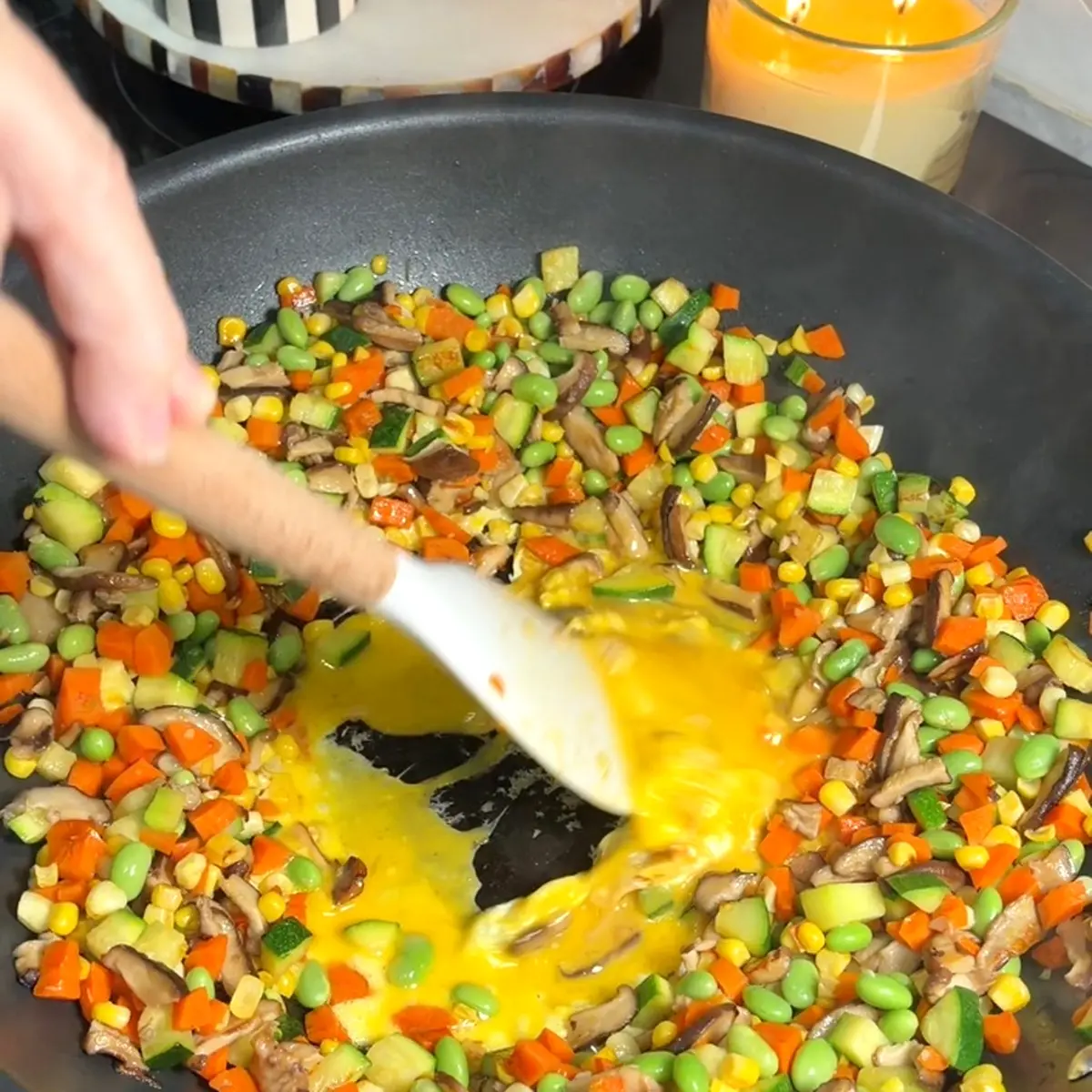 Preparation step for Japanese Miso Fried Rice with Shiitakes and Vegetables.