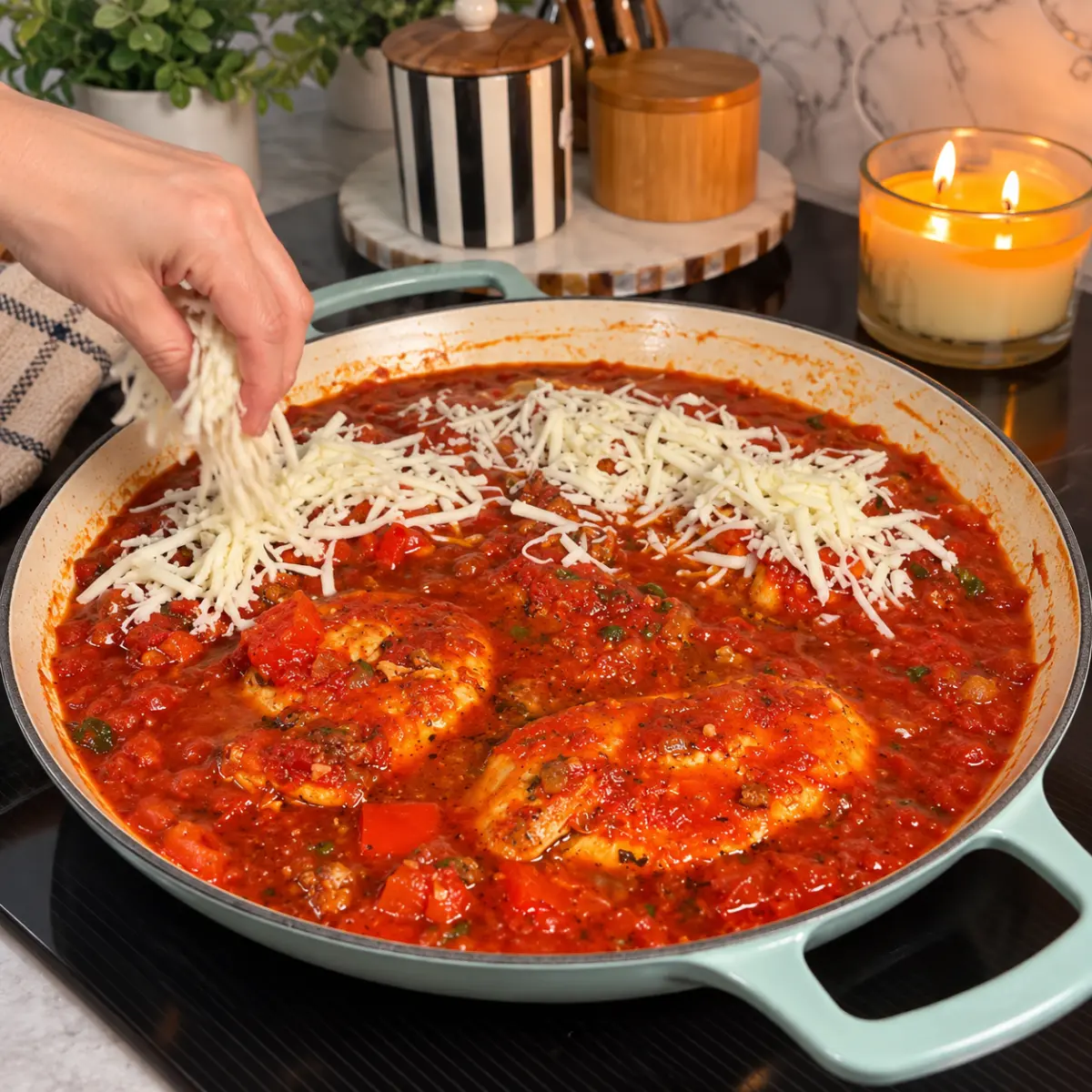 Preparation step for Pepperoni Pizza Chicken Cacciatore.