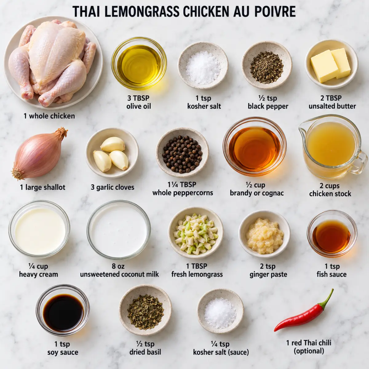 Preparation step for Thai Lemongrass Chicken Au Poivre.