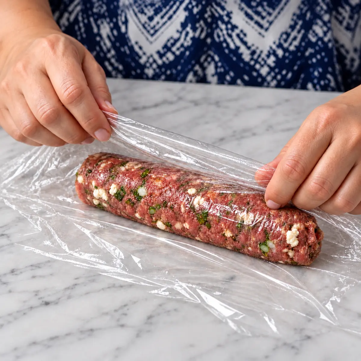 Preparation step for Greek Meatloaf Hot Dogs.
