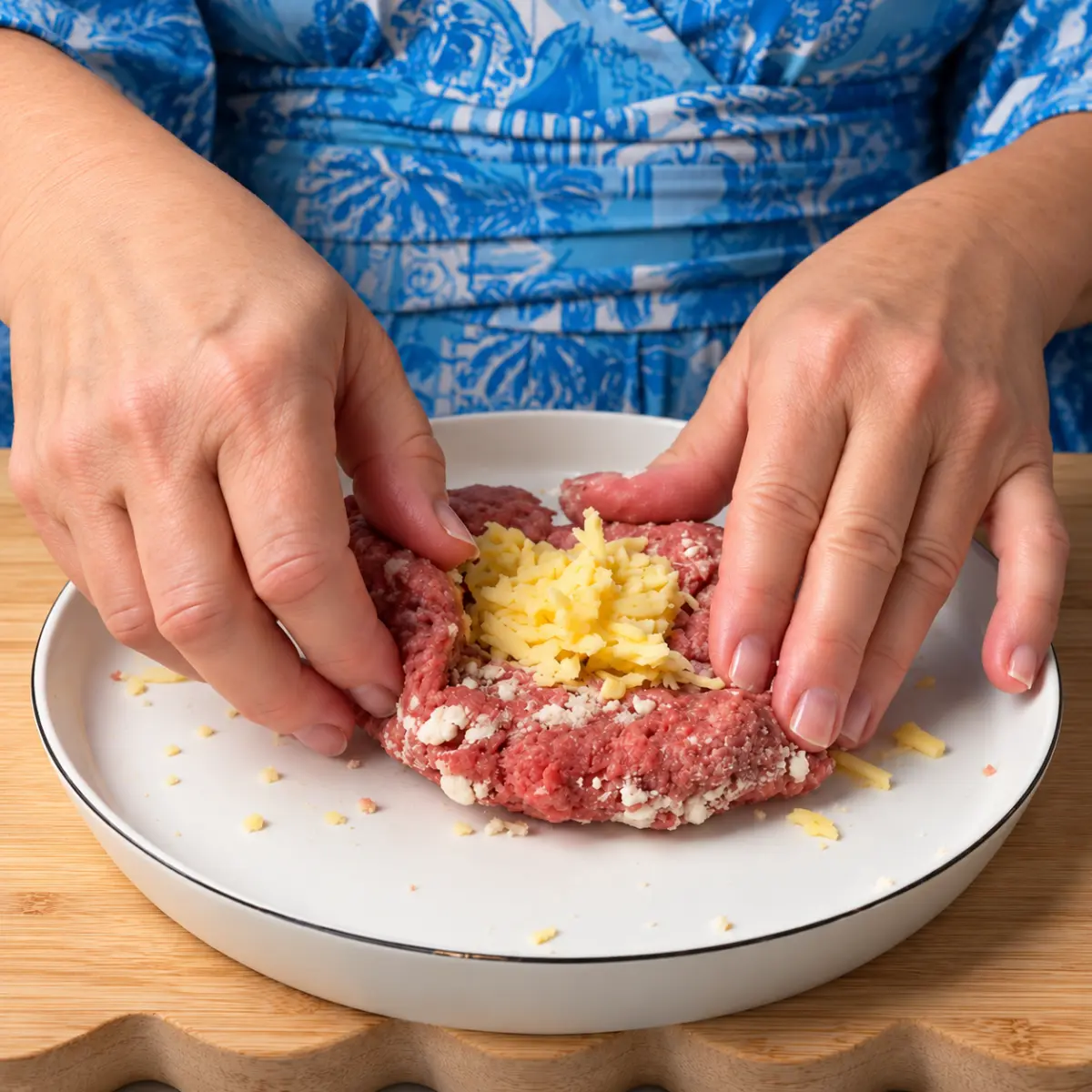 Preparation step for Greek Juicy Lucy Burger Bowl.