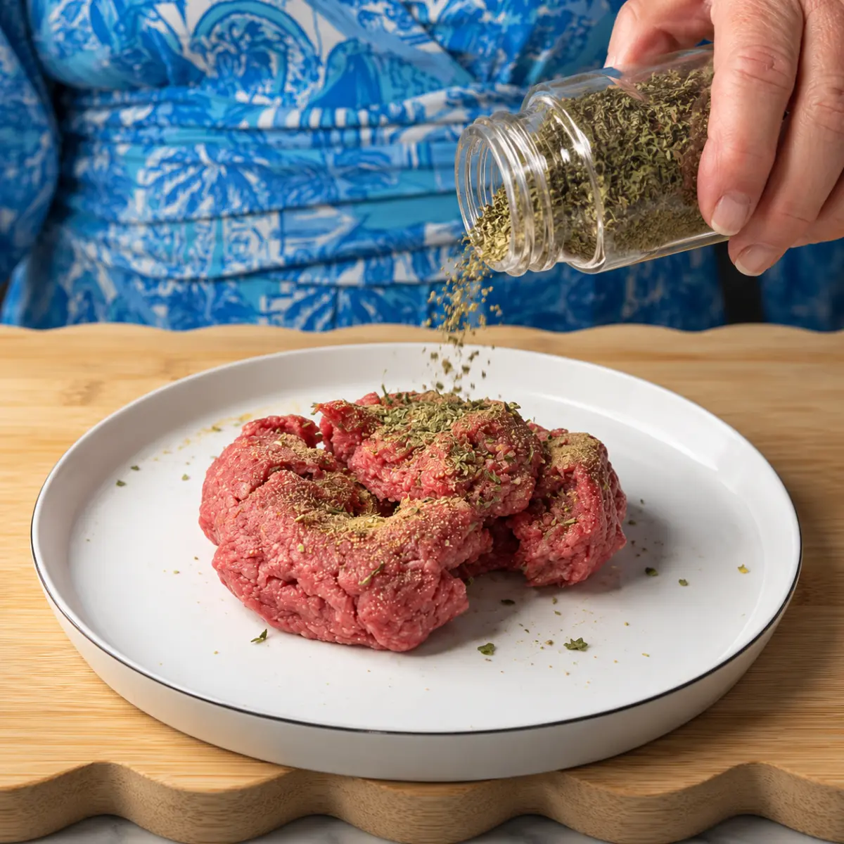 Preparation step for Greek Juicy Lucy Burger Bowl.