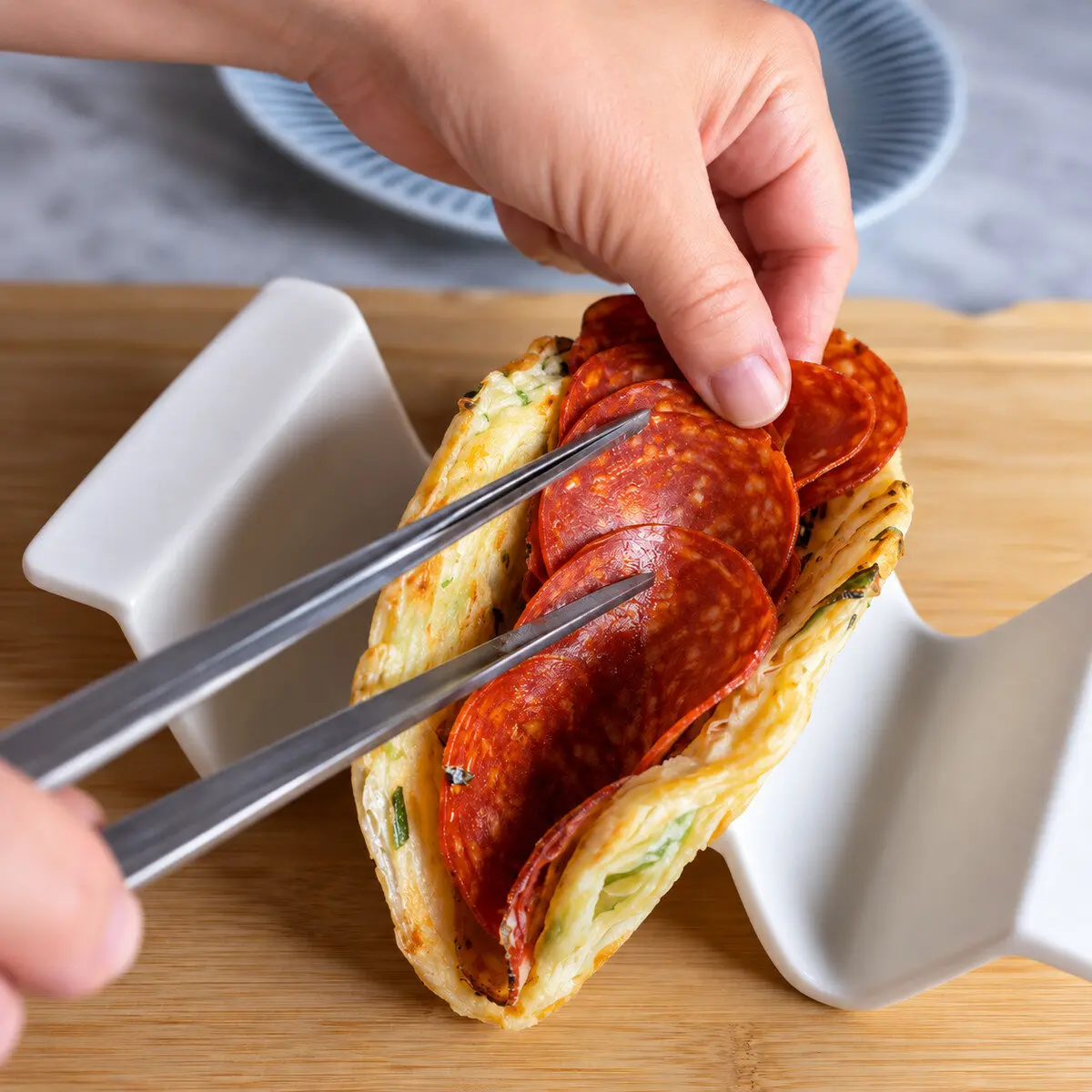Preparation step for Antipasto Salad Pancake Taco.