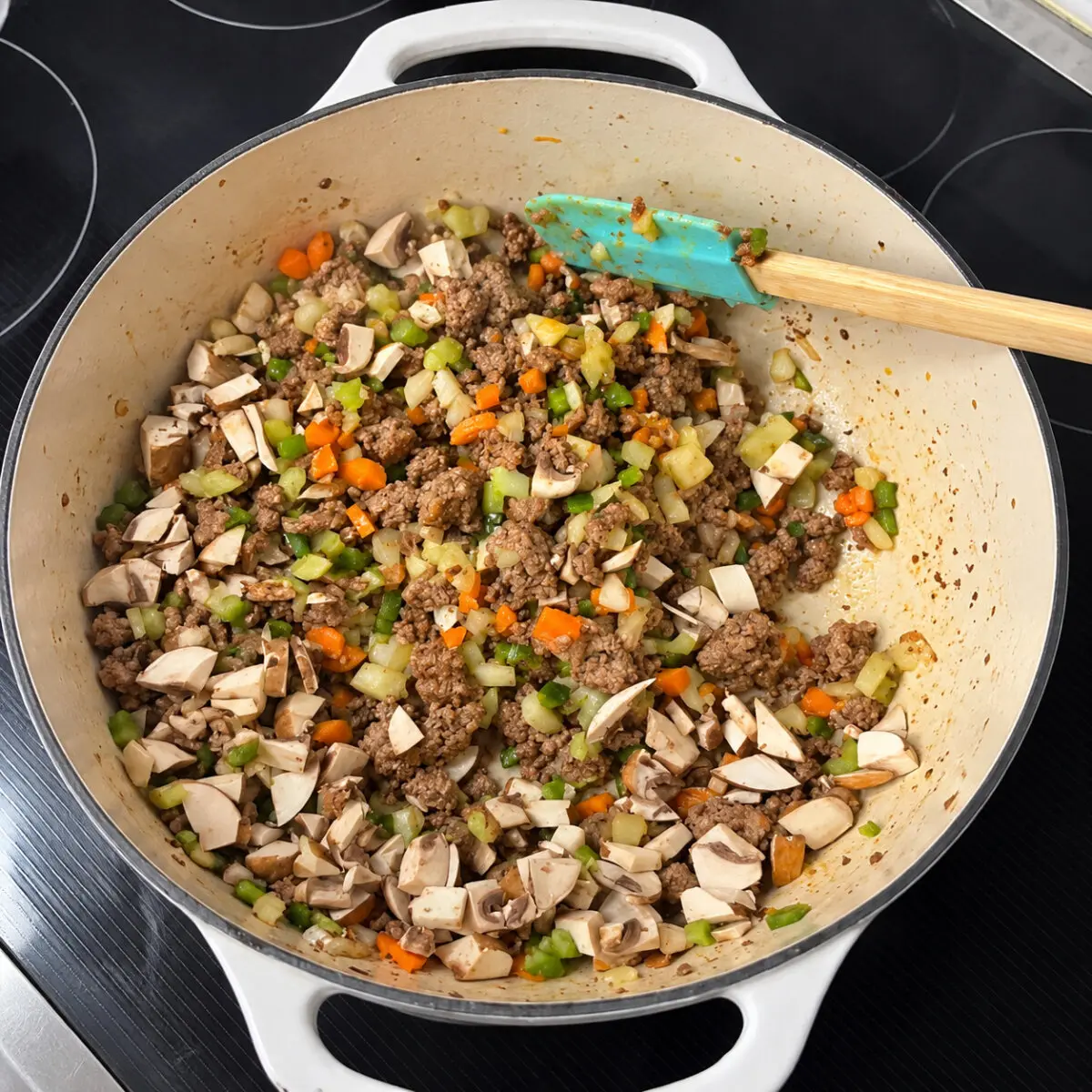 Preparation step for Mexican Bolognese Bucatini.