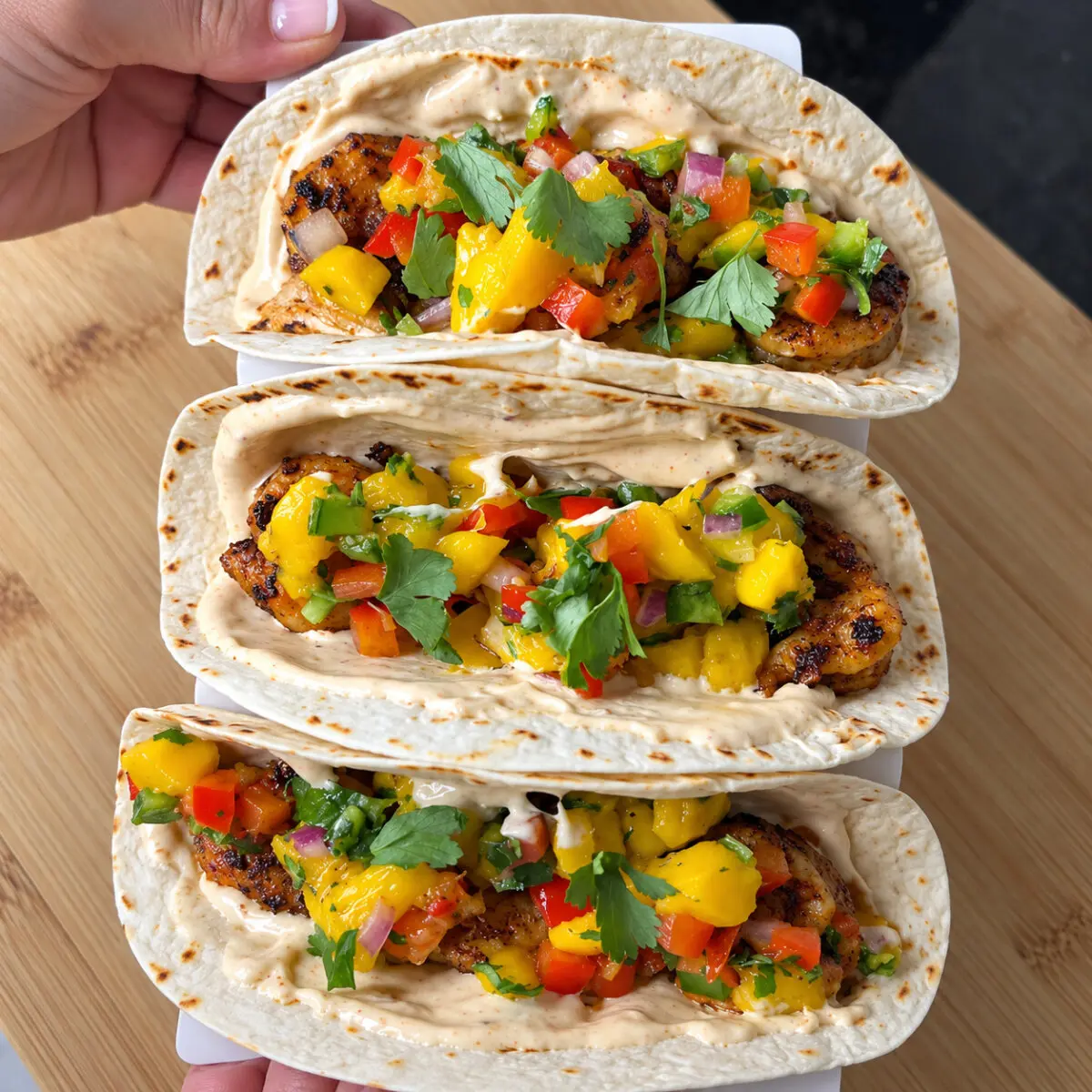 Jamaican Jerk Shrimp Tacos with Spicy Jerk Aioli and Mango Salsa
