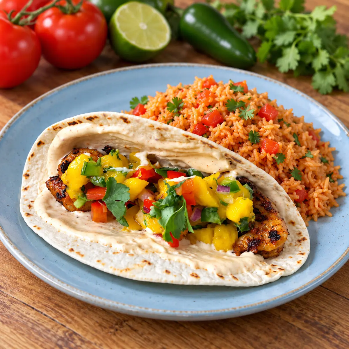 Jamaican Jerk Tacos with Spicy Jerk Aioli and Mango Salsa