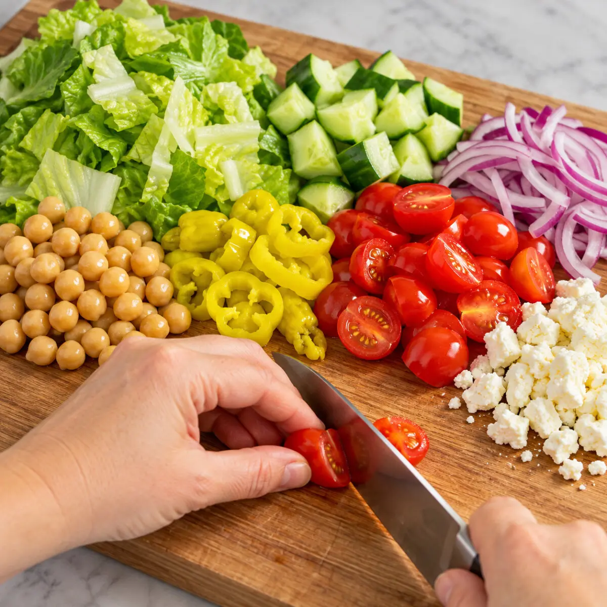 Preparation step for Greek Chopped Salad.