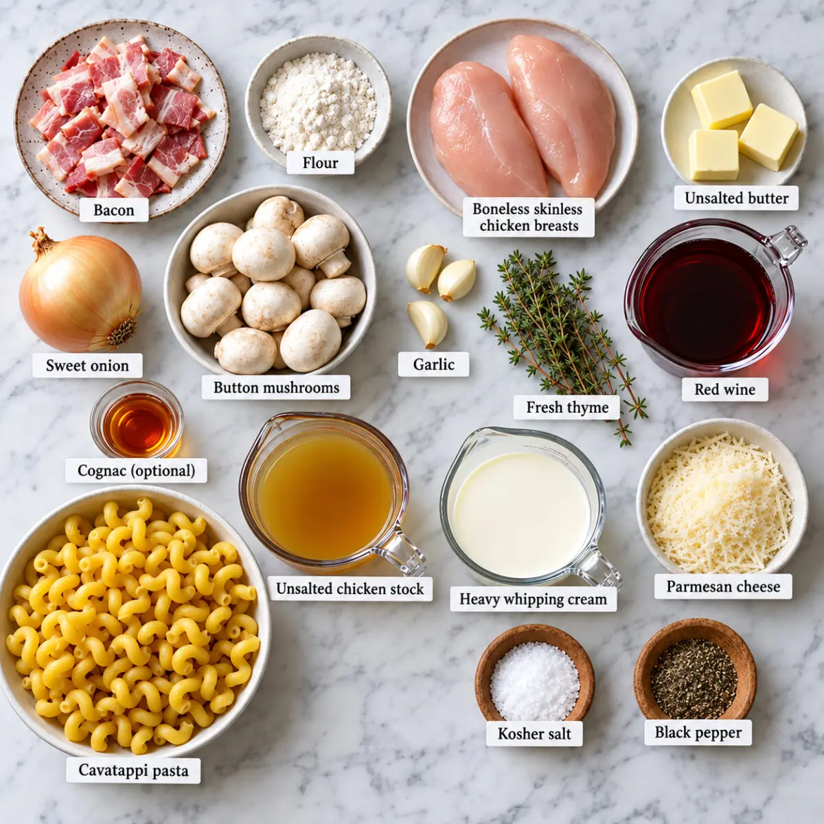 Ingredients for Chicken Coq au Vin Pasta.