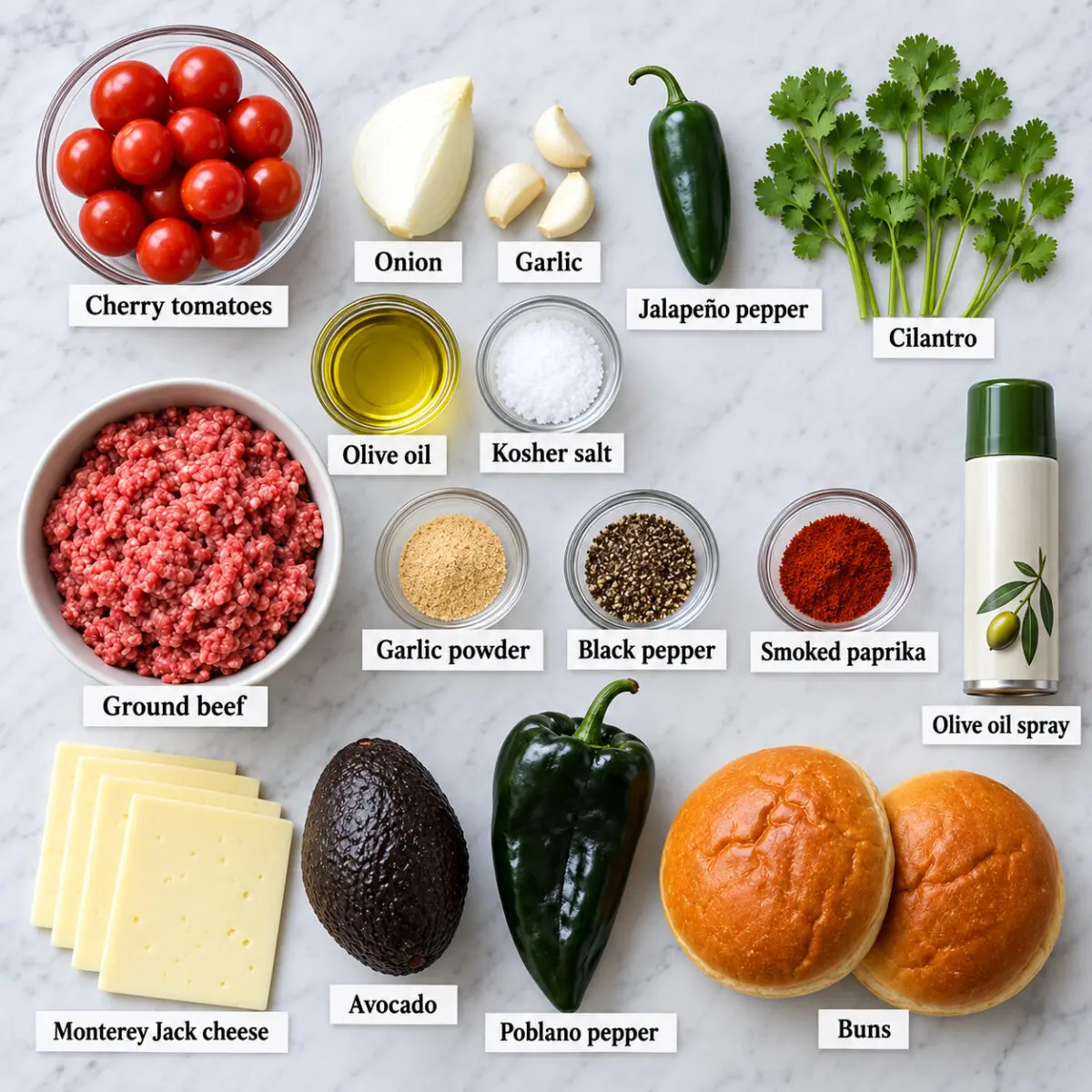 Ingredients for Chile Relleno Burgers with Salsa Roja.