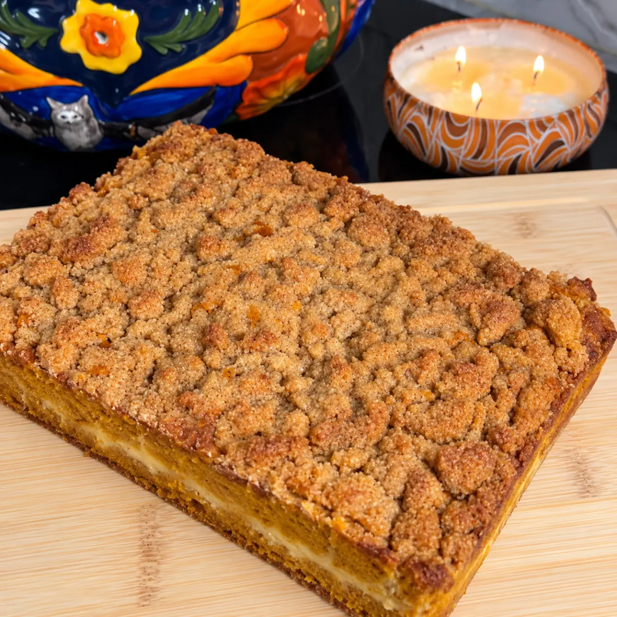 Preparation step for Pumpkin Coffee Cake with Portuguese Custard Filling.