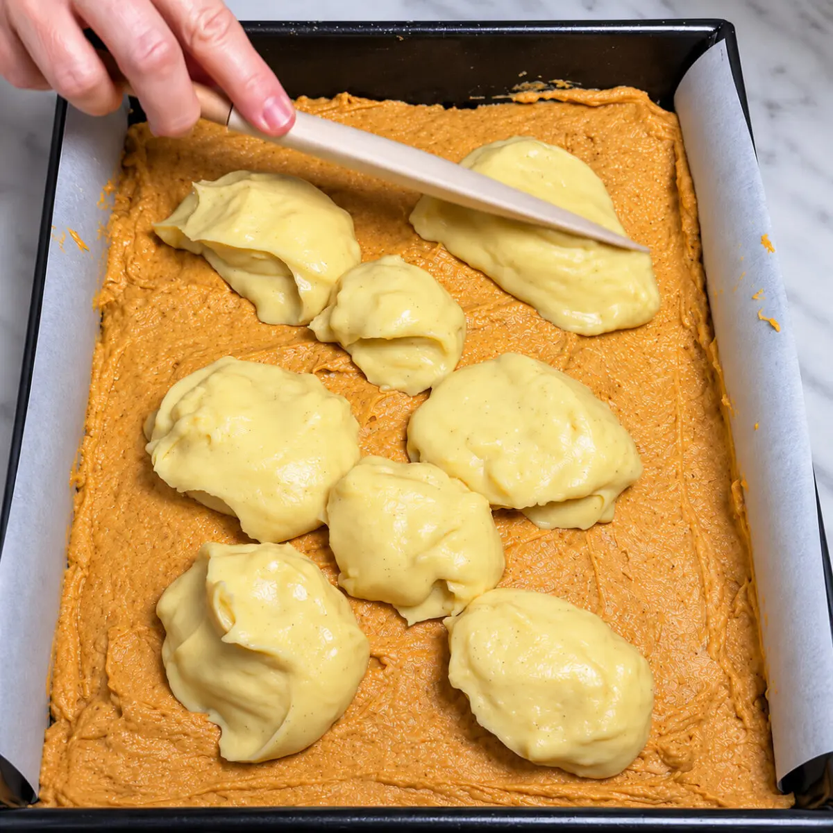 Preparation step for Pumpkin Coffee Cake with Portuguese Custard Filling.