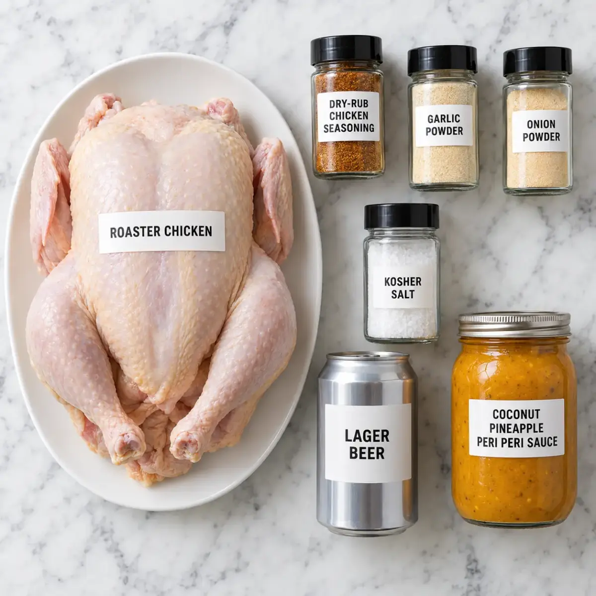 Ingredients for Beer Can Chicken with Coconut Pineapple Peri Peri Sauce.