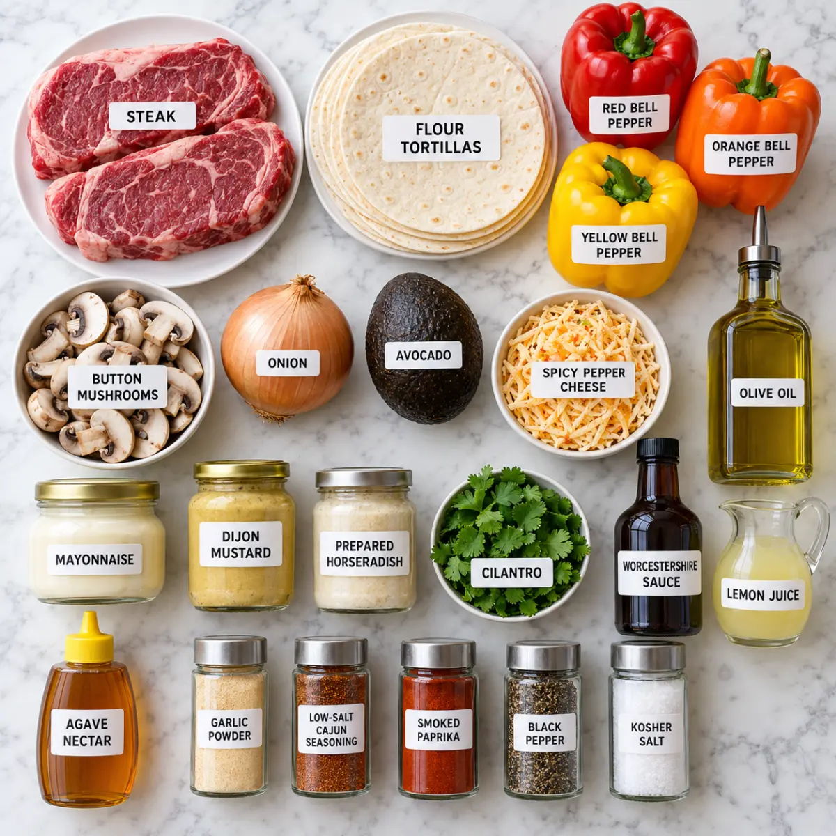 Ingredients for Cajun Steak Fajita Tacos with Remoulade Sauce.