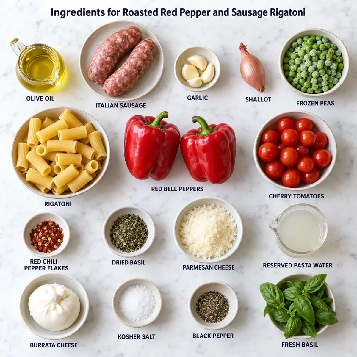 Ingredients for Roasted Red Pepper and Sausage Rigatoni.