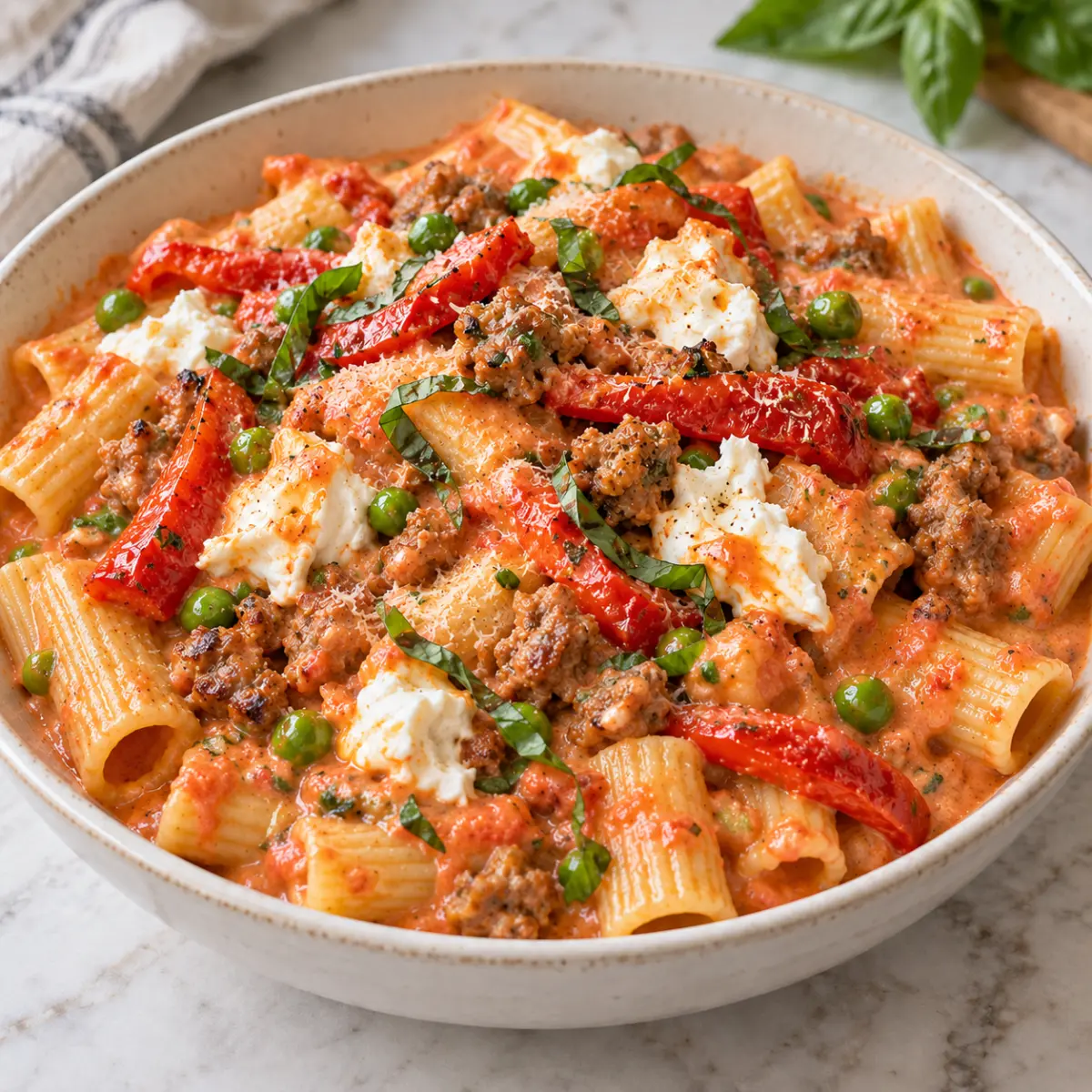 Roasted Red Pepper and Sausage Rigatoni