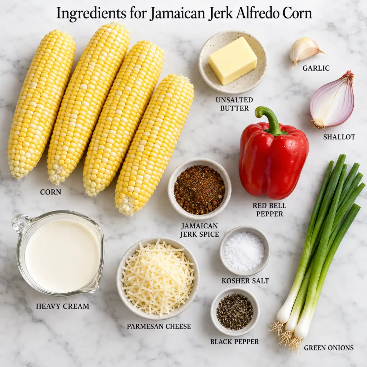 Ingredients for Jamaican Jerk Alfredo Corn.